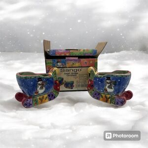 Sango Christmas Snowman Sleigh Candle Holders Set of 2 By Sue Zipkin 5" x 3"